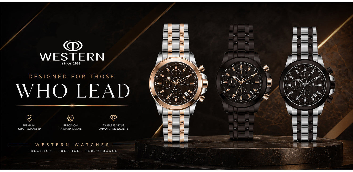 Three Western watches displayed on a dark background with the brand name and tagline.