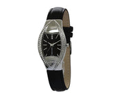 Elegant Women’s Watch – Stainless Steel, Black Leather & Crystal Accents