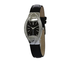 Elegant Women’s Watch – Stainless Steel, Black Leather & Crystal Accents