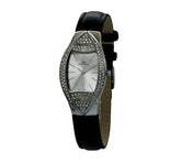 Ladies Stainless Steel Watch – Silver Dial & Black Leather Strap with Crystal Bezel