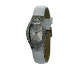 Elegant Ladies Stainless Steel Watch – Leather Strap, Silver Dial & Crystal Bezel