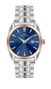 Western Geneva men's watch featuring a two-tone silver stainless steel and rose gold bracelet, a blue sunburst dial, and rose gold accents.