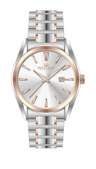 Western Geneva men's watch featuring a two-tone silver stainless steel and rose gold bracelet, a silver dial with rose gold markers, and a date window.