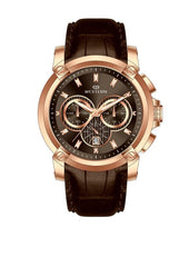 Luxury watch with brown leather strap and rose gold casing on a white background