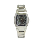 Women’s quartz analog bracelet watch with black dial and silver bracelet.