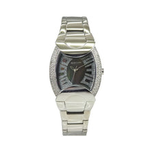 Women’s quartz analog bracelet watch with black dial and silver bracelet.