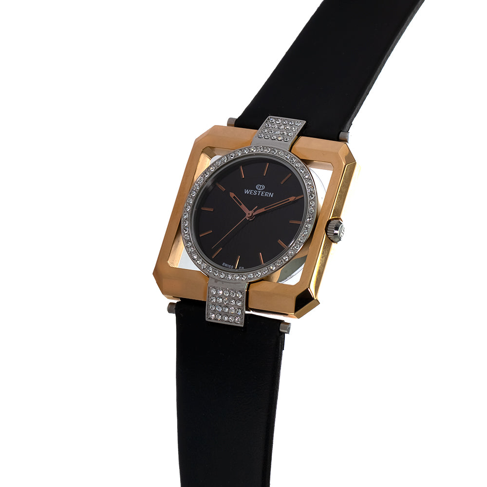 Ladies' quartz analogue watch with black dial and leather strap