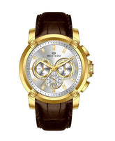 A men's watch with a silver dial, gold case, and brown leather strap, featuring chronograph subdials and a date display.