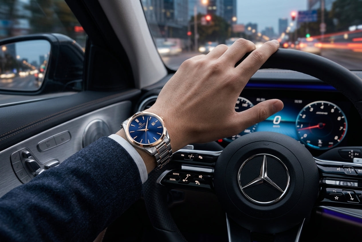 Men's gold and silver two-tone bracelet watch with a striking blue dial by Western Watches