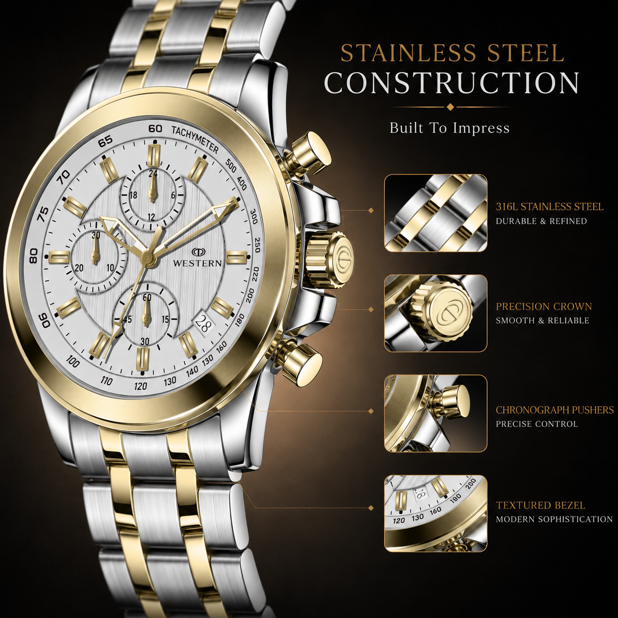 Western Chronograph Watch for Men –Luxury Design with Stainless Steel Strap