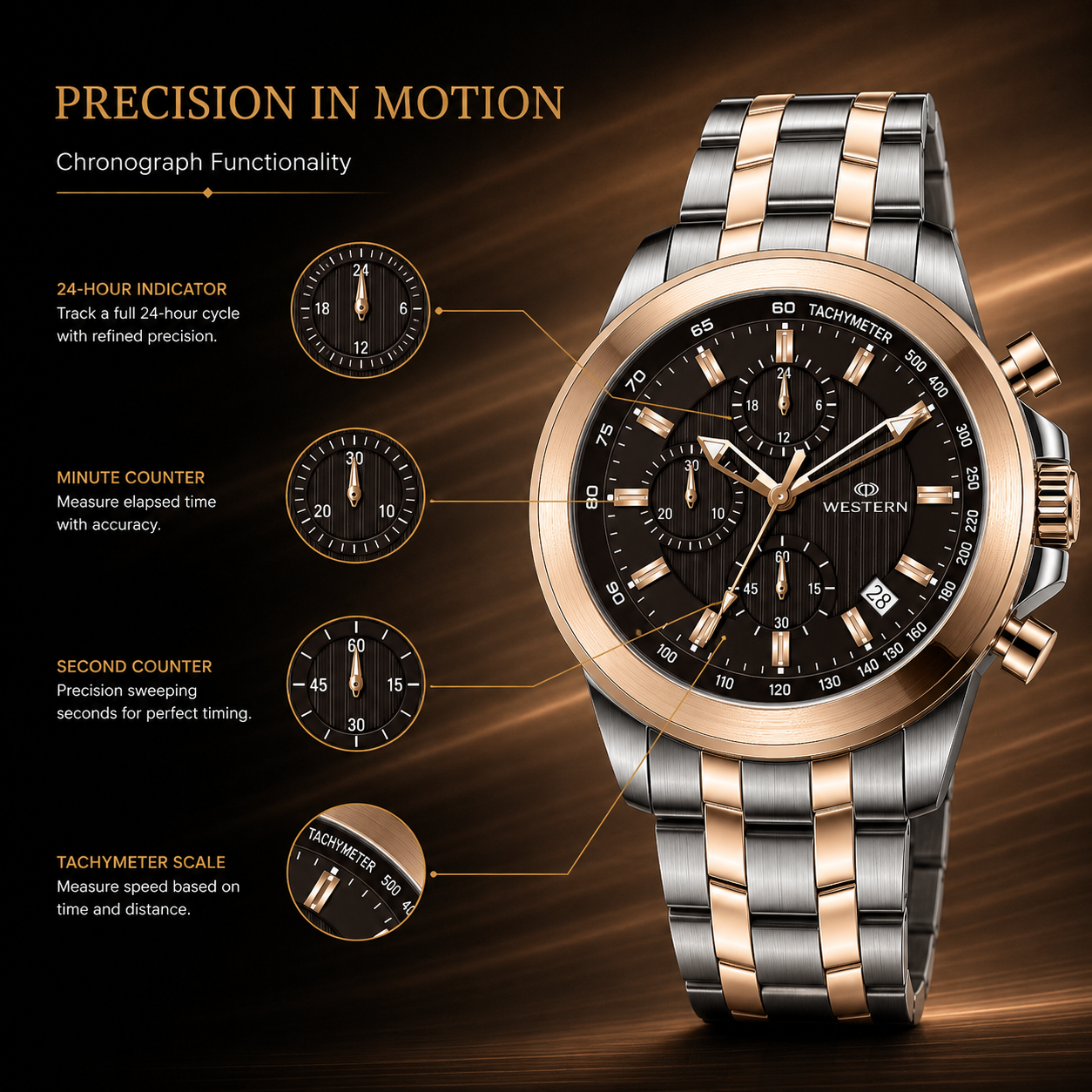 Western Chronograph Watch for Men –Luxury Design with Stainless Steel Strap