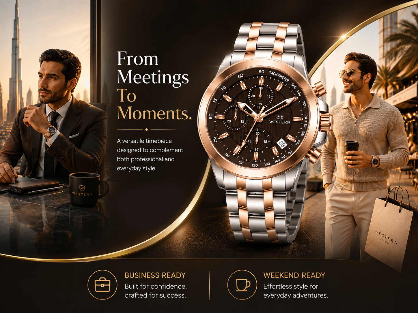 Western Chronograph Watch for Men – Rose-Silver, Luxury Design, Water Resistant