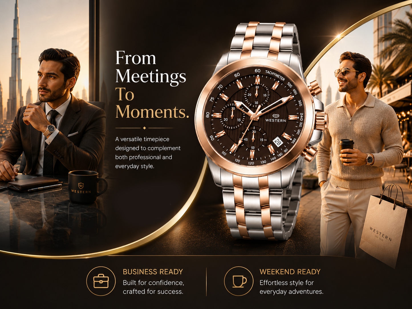 Western Chronograph Watch for Men – Rose-Silver, Luxury Design, Water Resistant