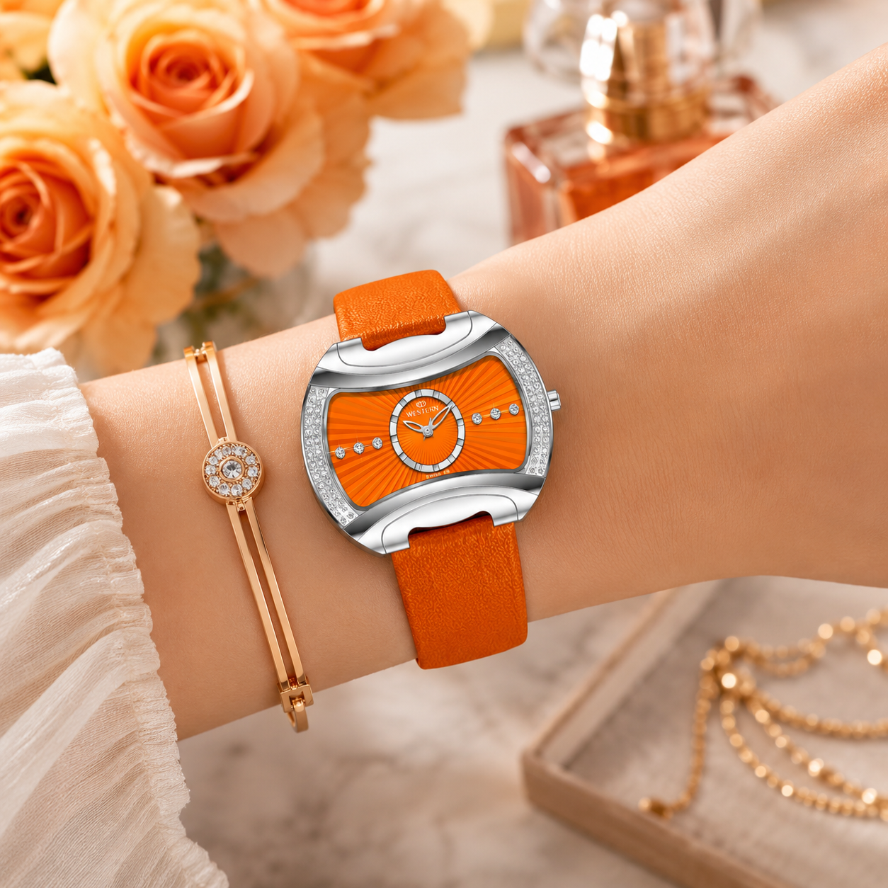 Elegant Women’s Quartz Analogue Watch with Genuine Leather Strap