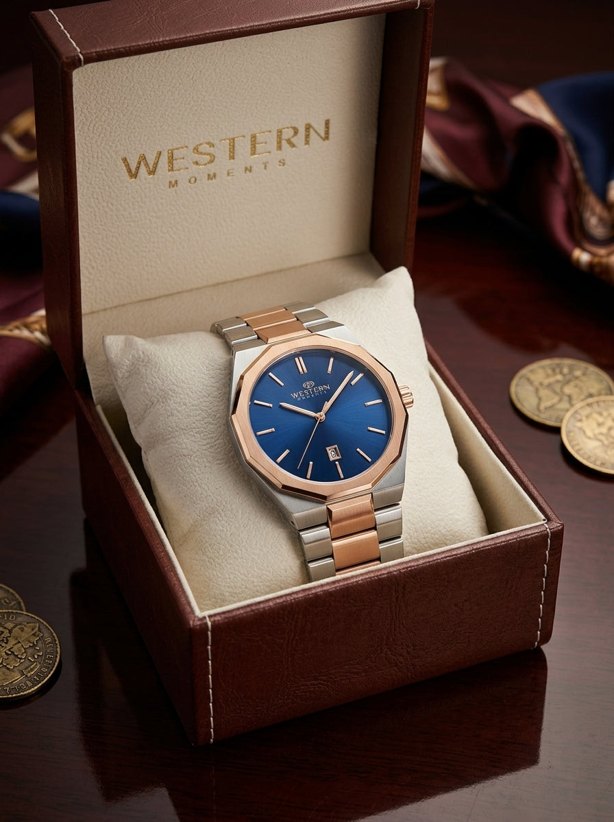 Western Moments Executive Two-Tone Watch – Octagonal Bezel & Blue Sunburst Dial