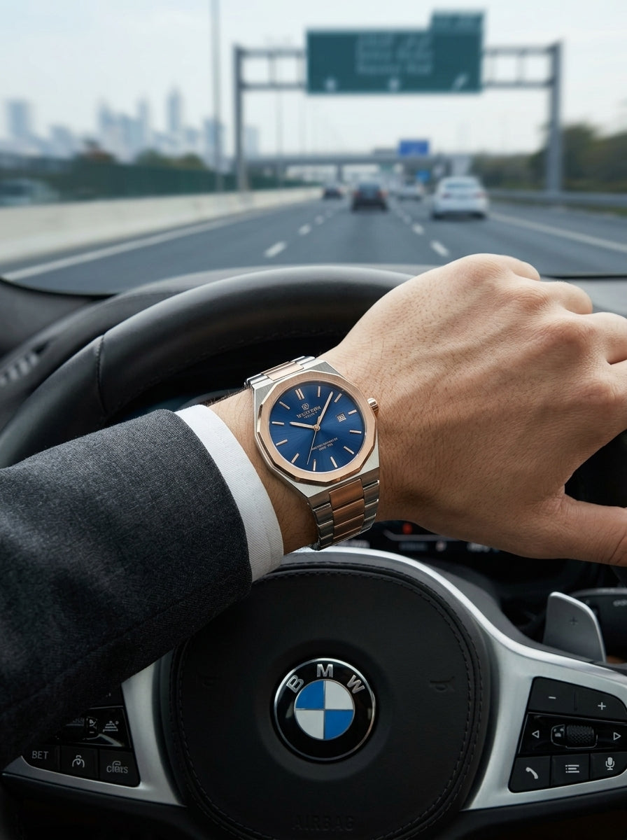 Western Moments Executive Two-Tone Watch – Octagonal Bezel & Blue Sunburst Dial