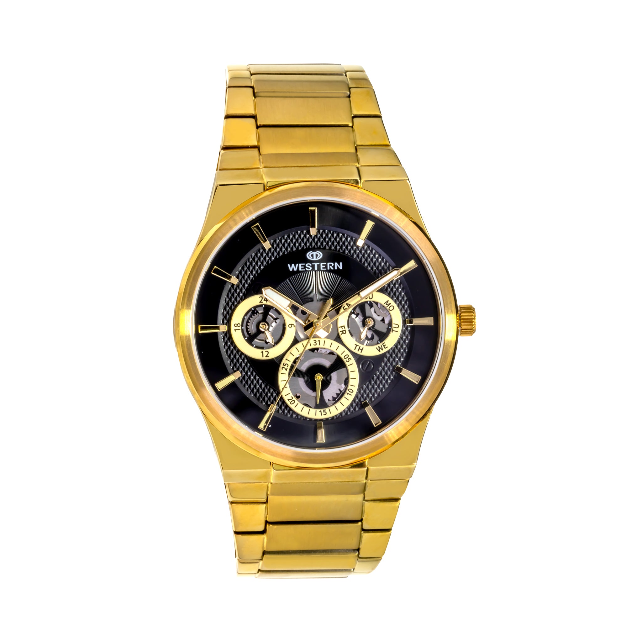 Western Premium Gold Tone Men’s Watch with Black Dial – Chronograph Style Multifunction Luxury Wristwatch