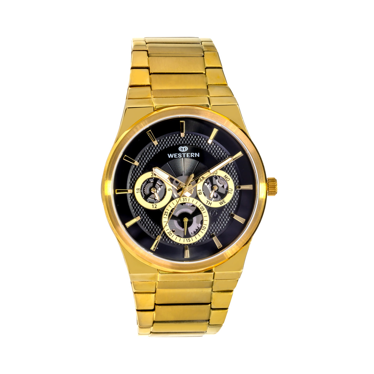 Western Premium Gold Tone Men’s Watch with Black Dial – Chronograph Style Multifunction Luxury Wristwatch