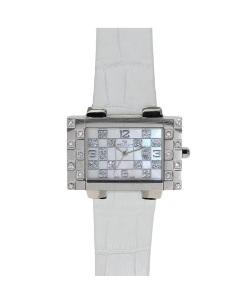 “Men’s Refined Watch with MOP White Dial and Stone-Adorned Strap”