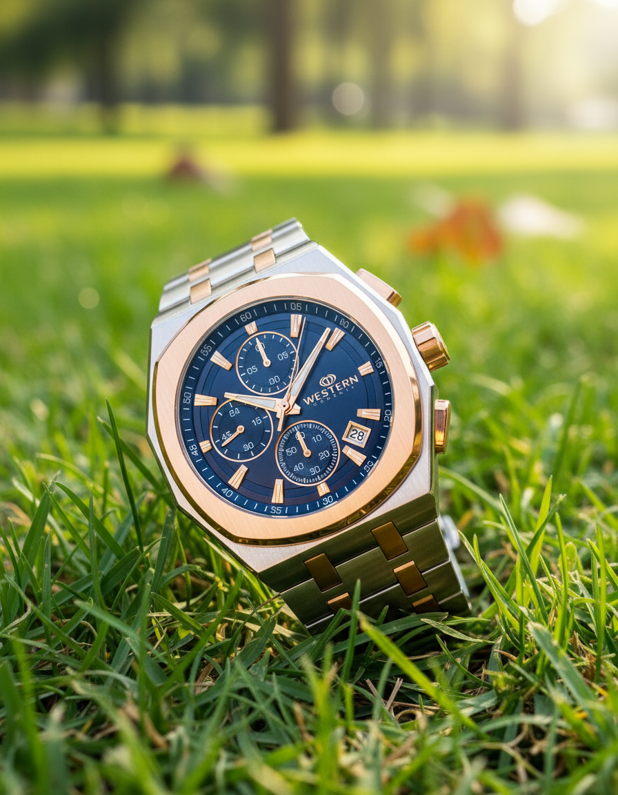 Luxury watch with blue face and rose gold accents on grass