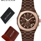 Brown watch with matching box and西方 brand name on a white background