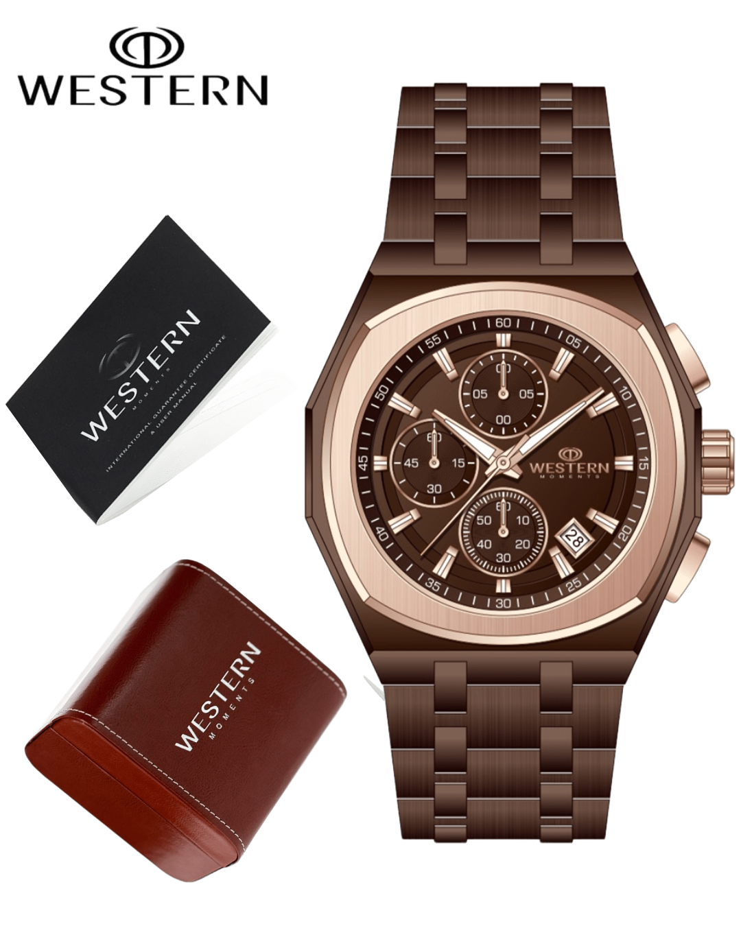 Brown watch with matching box and西方 brand name on a white background