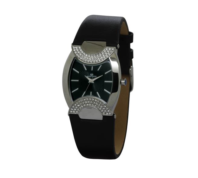 Stylish Ladies Leather Strap Watch – Crystal-Embellished Stainless -Steel Case