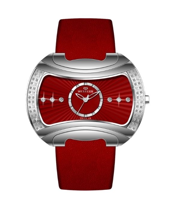 Elegant Women’s Quartz Analogue Watch with Red Dial & Leather Strap