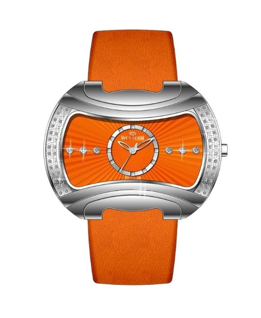 Chic Women’s Quartz Analogue Watch with Orange Dial & Leather Strap