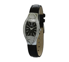 Elegant Ladies Stainless Steel Watch – Black Dial & Leather Strap with Crystal Bezel