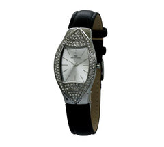 Ladies Stainless Steel Watch – Silver Dial & Black Leather Strap with Crystal Bezel