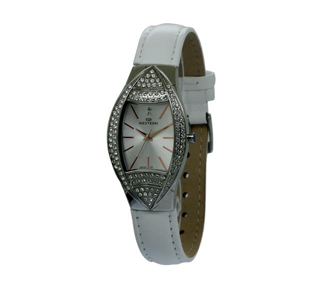 Elegant Ladies Stainless Steel Watch – Leather Strap, Silver Dial & Crystal Bezel