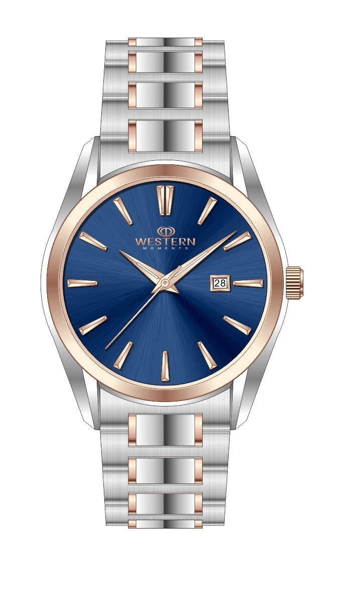 Western Geneva men's watch featuring a two-tone silver stainless steel and rose gold bracelet, a blue sunburst dial, and rose gold accents.
