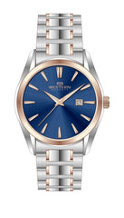 Western Geneva men's watch featuring a two-tone silver stainless steel and rose gold bracelet, a blue sunburst dial, and rose gold accents.