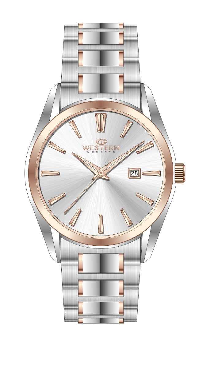 Western Geneva men's watch featuring a two-tone silver stainless steel and rose gold bracelet, a silver dial with rose gold markers, and a date window.