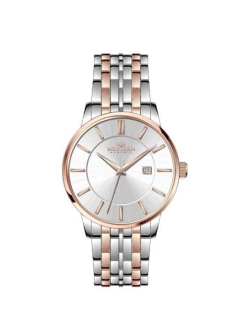 Two-tone watch with silver and rose gold band on a white background