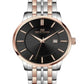 Two-tone watch with black dial and rose gold accents on a white background