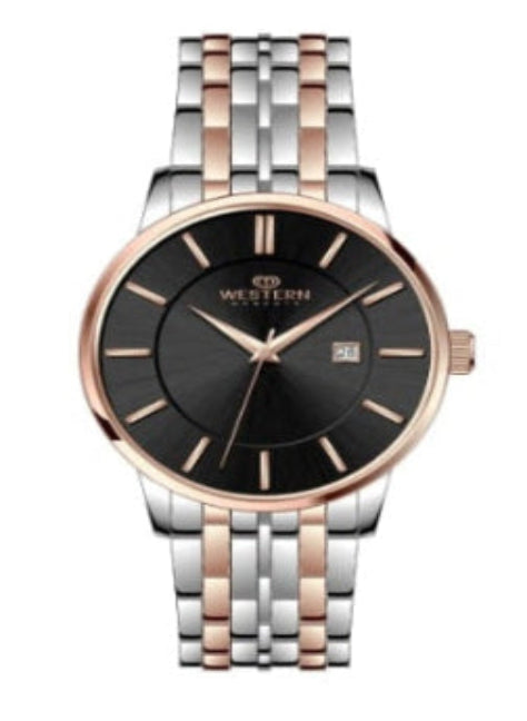 Two-tone watch with black dial and rose gold accents on a white background