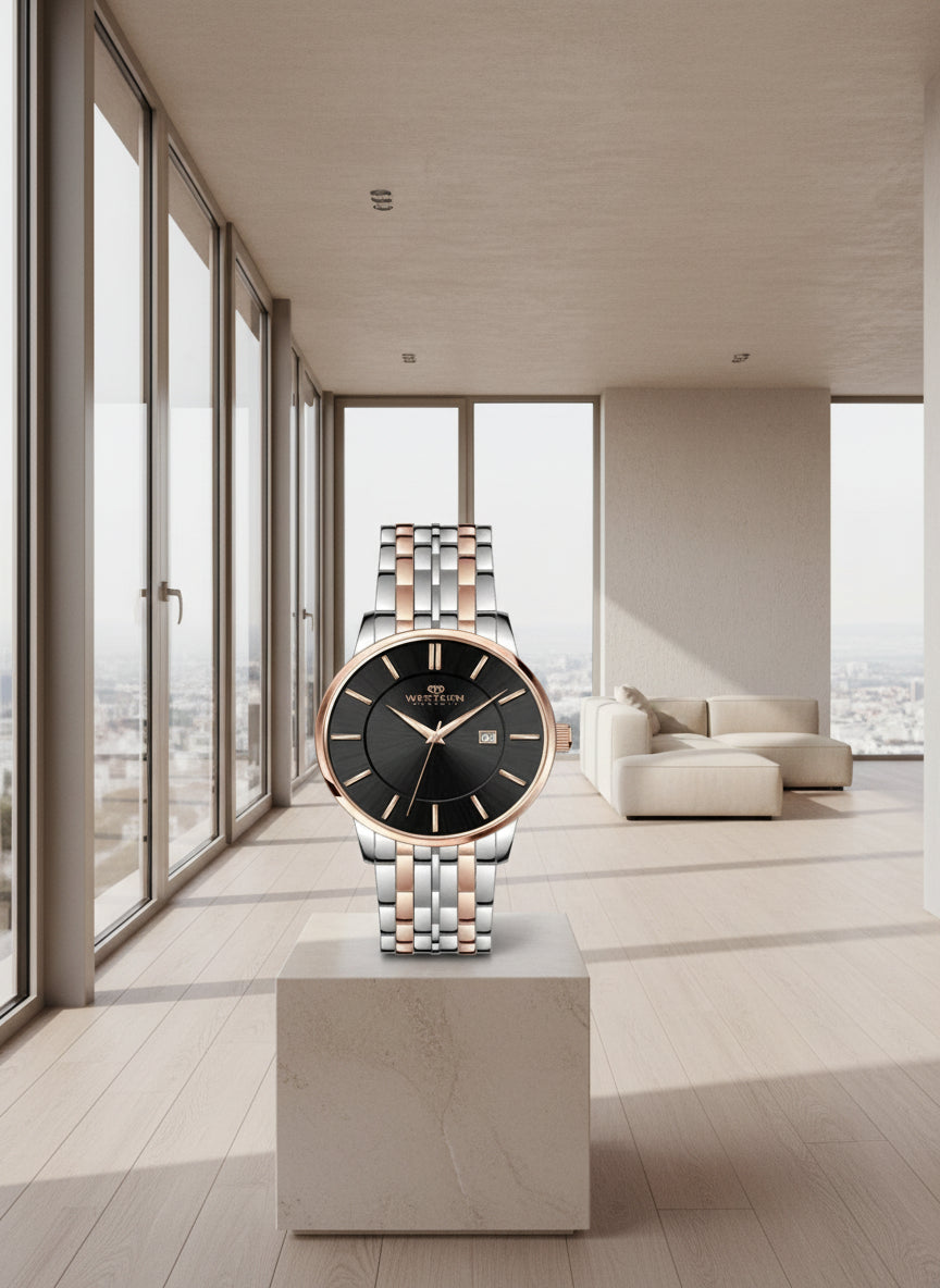 Two-tone watch with black dial and rose gold accents on a white background