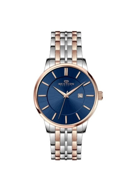Watch with blue dial and two-tone rose gold and silver bracelet on white background