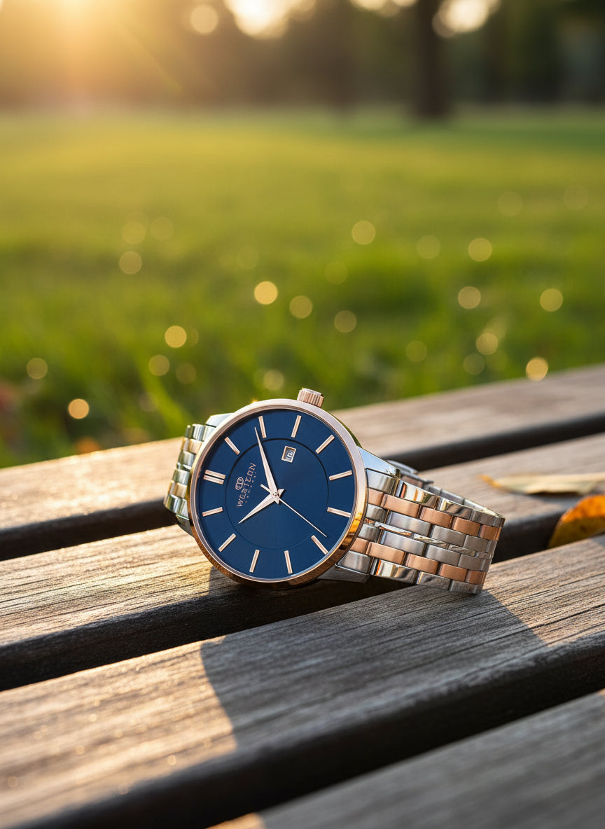 Watch with blue dial and two-tone rose gold and silver bracelet on white background