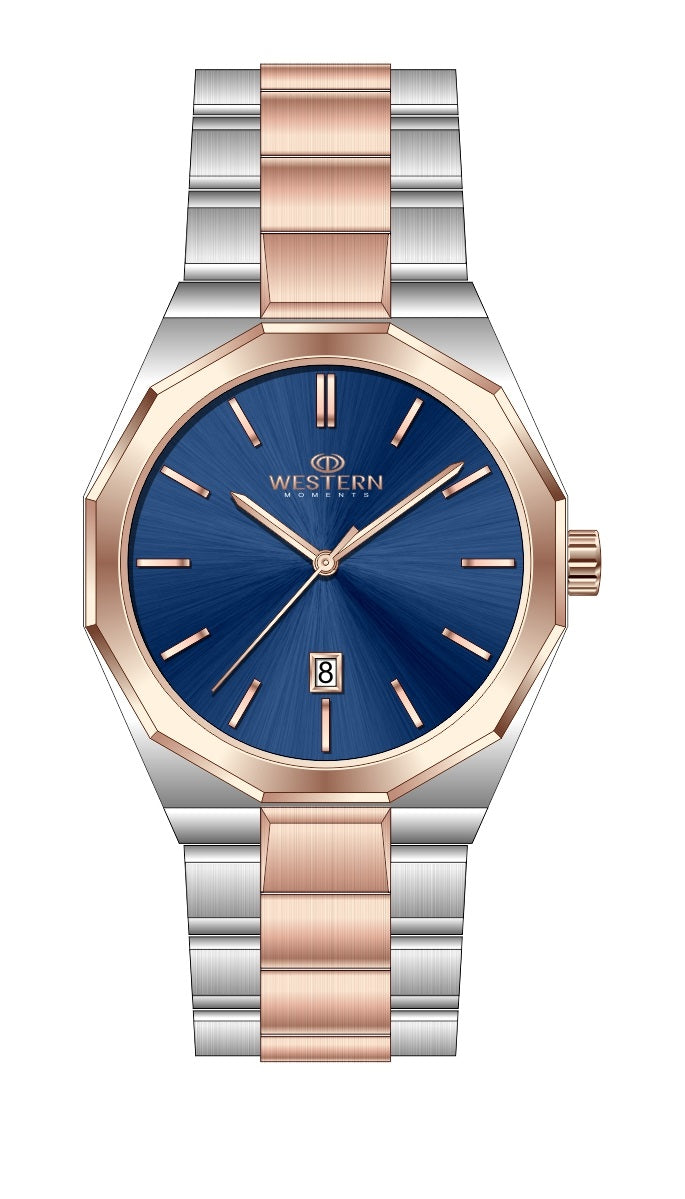 Western Moments Executive Two-Tone Watch – Octagonal Bezel & Blue Sunburst Dial