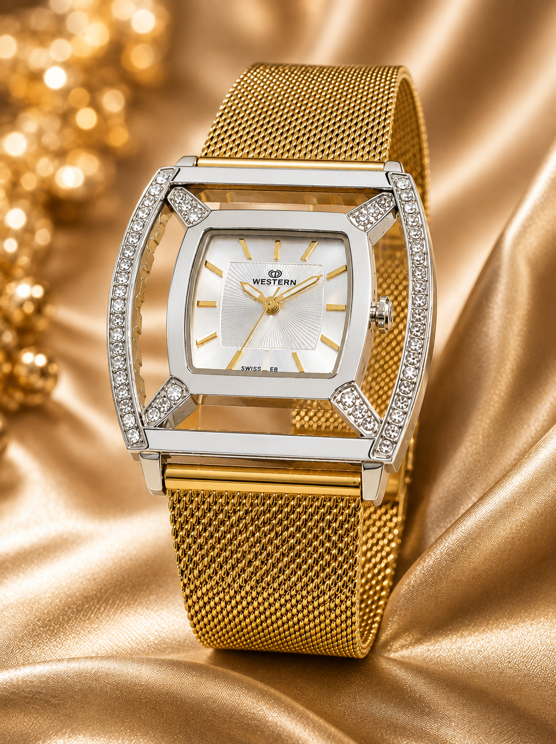 Western Ladies Luxury Rectangle Watch – Gold Silver Plated Mesh Band with Crystal Stone Bezel