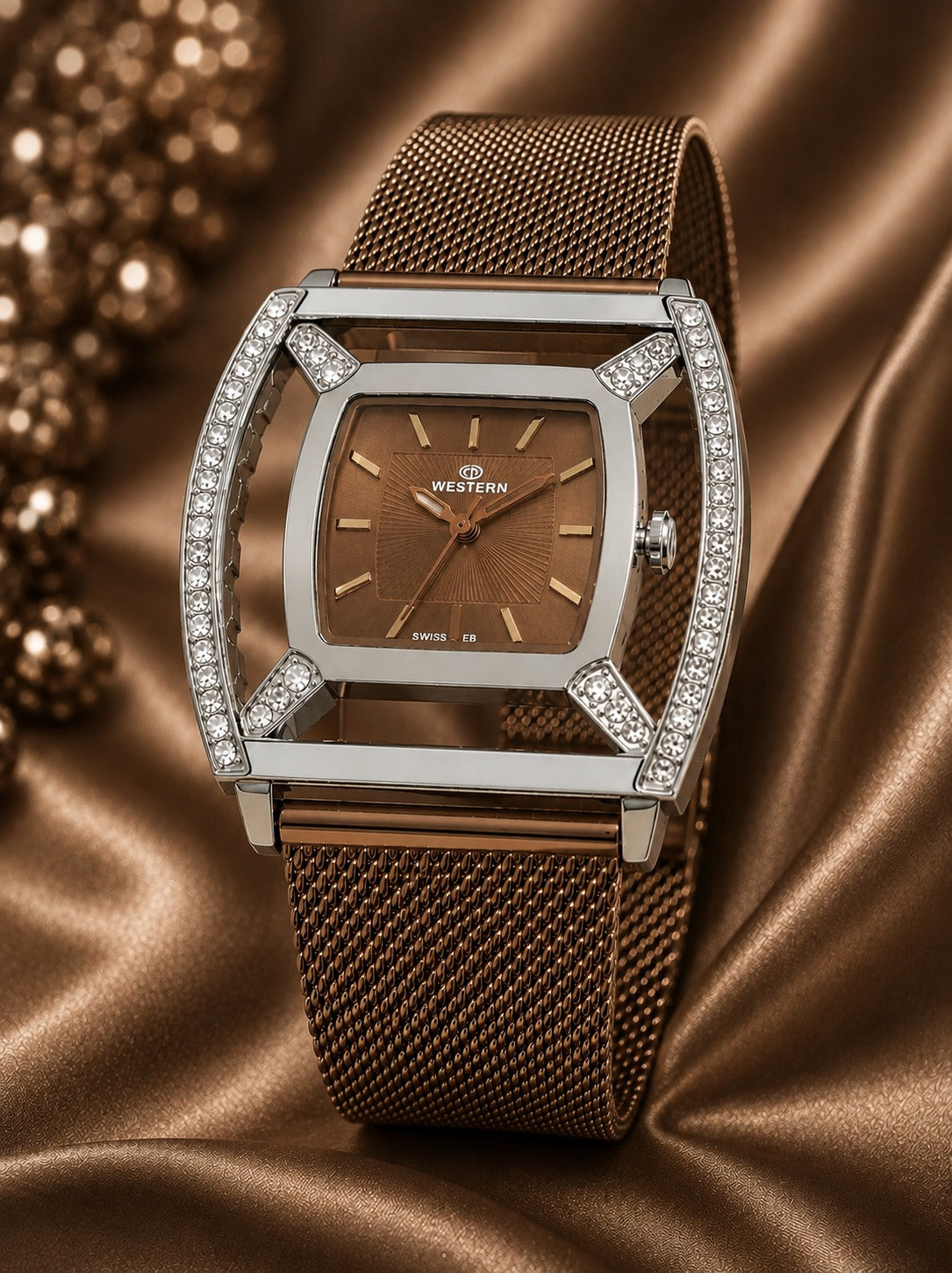 Western Ladies Luxury Rectangle Watch – Gold Silver Plated Mesh Band with Crystal Stone Bezel