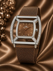 Western Ladies Luxury Rectangle Watch – Gold Silver Plated Mesh Band with Crystal Stone Bezel