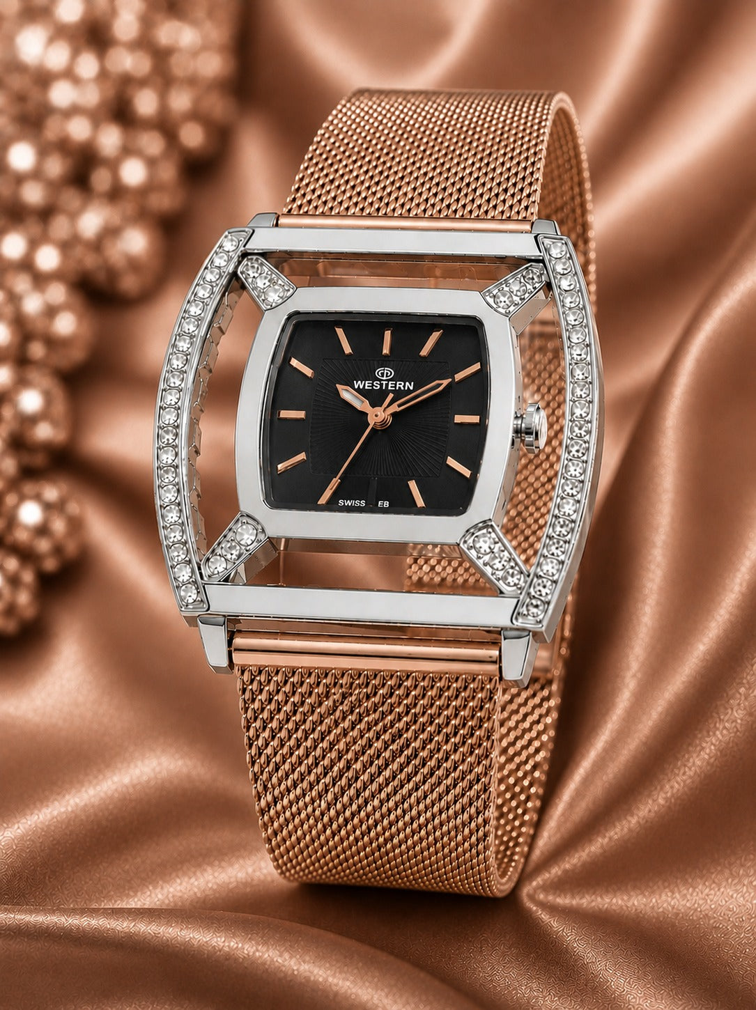 Western Ladies Luxury Rectangle Watch – Gold Silver Plated Mesh Band with Crystal Stone Bezel