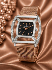 Western Ladies Luxury Rectangle Watch – Gold Silver Plated Mesh Band with Crystal Stone Bezel