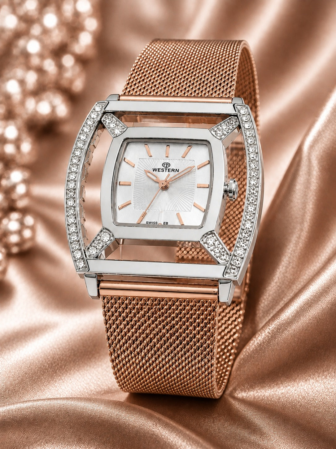 Western Ladies Luxury Rectangle Watch – Gold Silver Plated Mesh Band with Crystal Stone Bezel