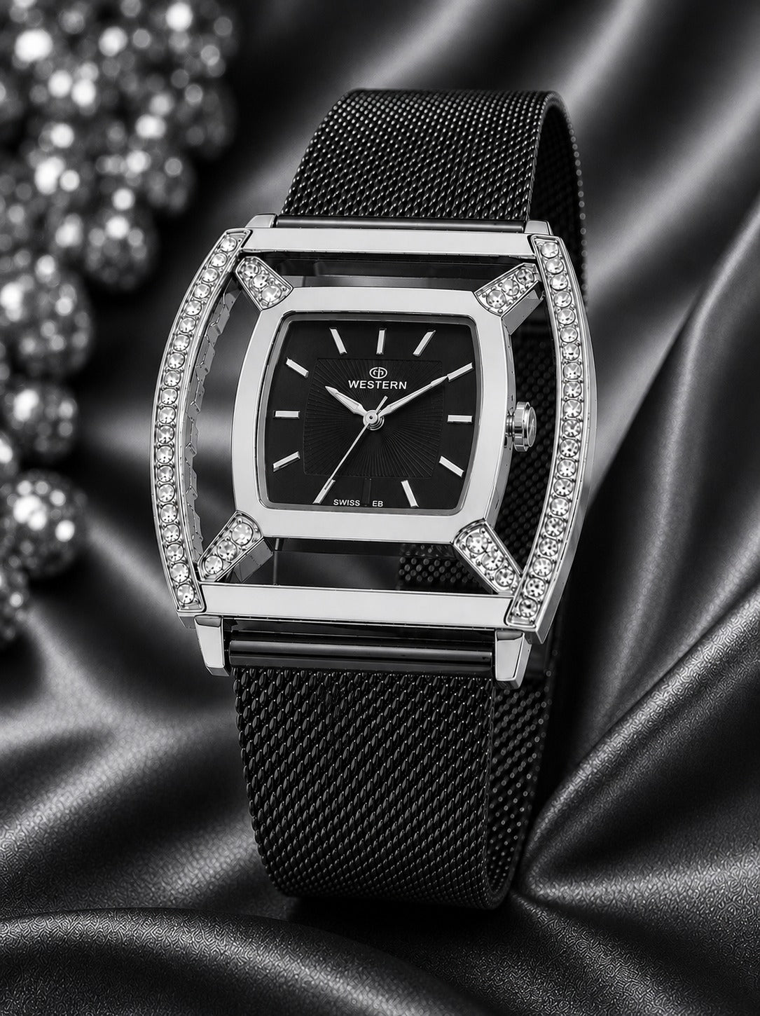 Western Ladies Luxury Rectangle Watch – Gold Silver Plated Mesh Band with Crystal Stone Bezel