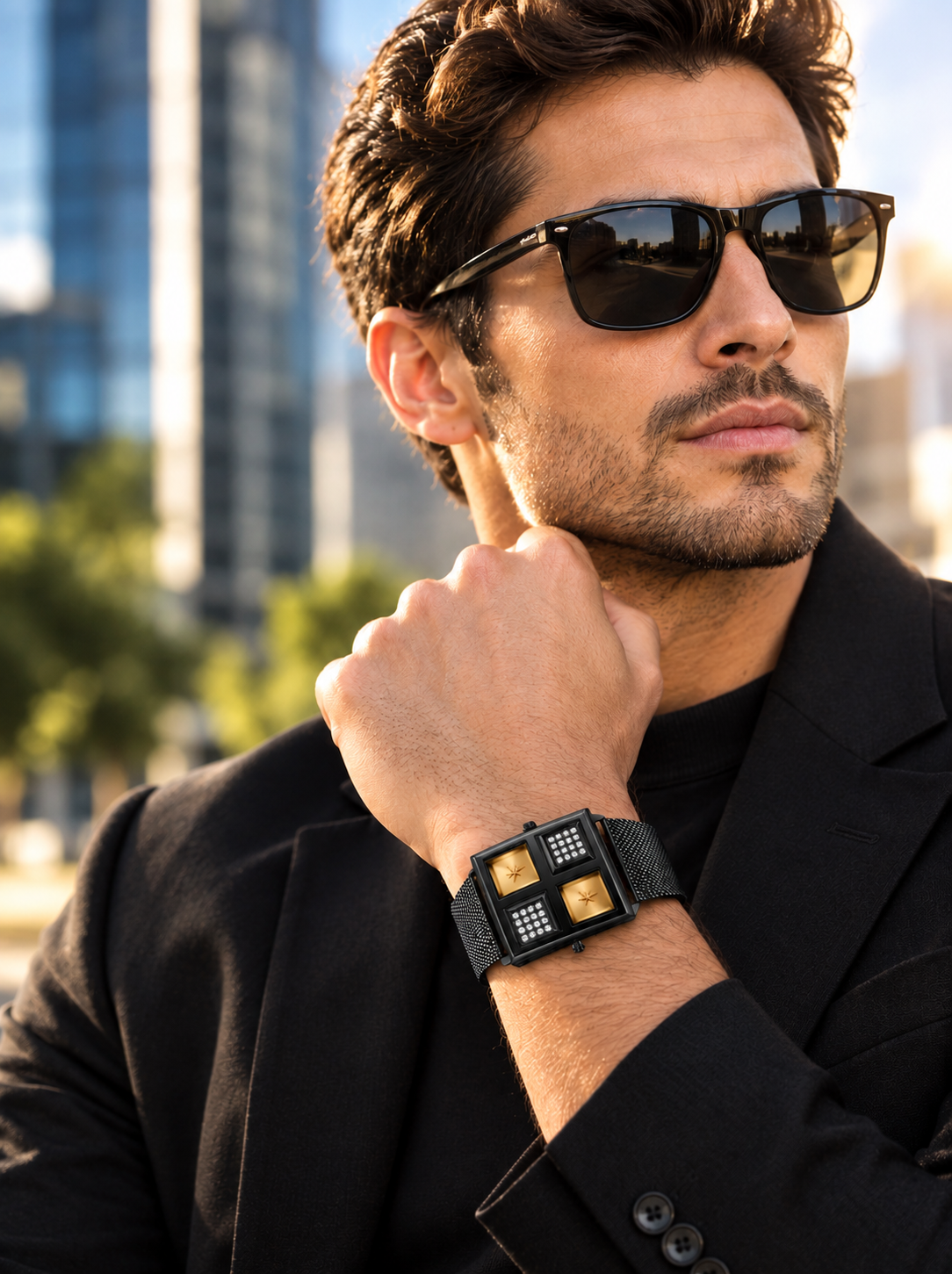 with WESTERN Unisex Rectangular Dual Time Watch Mesh Band – Luxury Square Analogue Watch for Men & Women with Sparkling Crystal Accents, Dual Movement & Adjustable Steel Strap